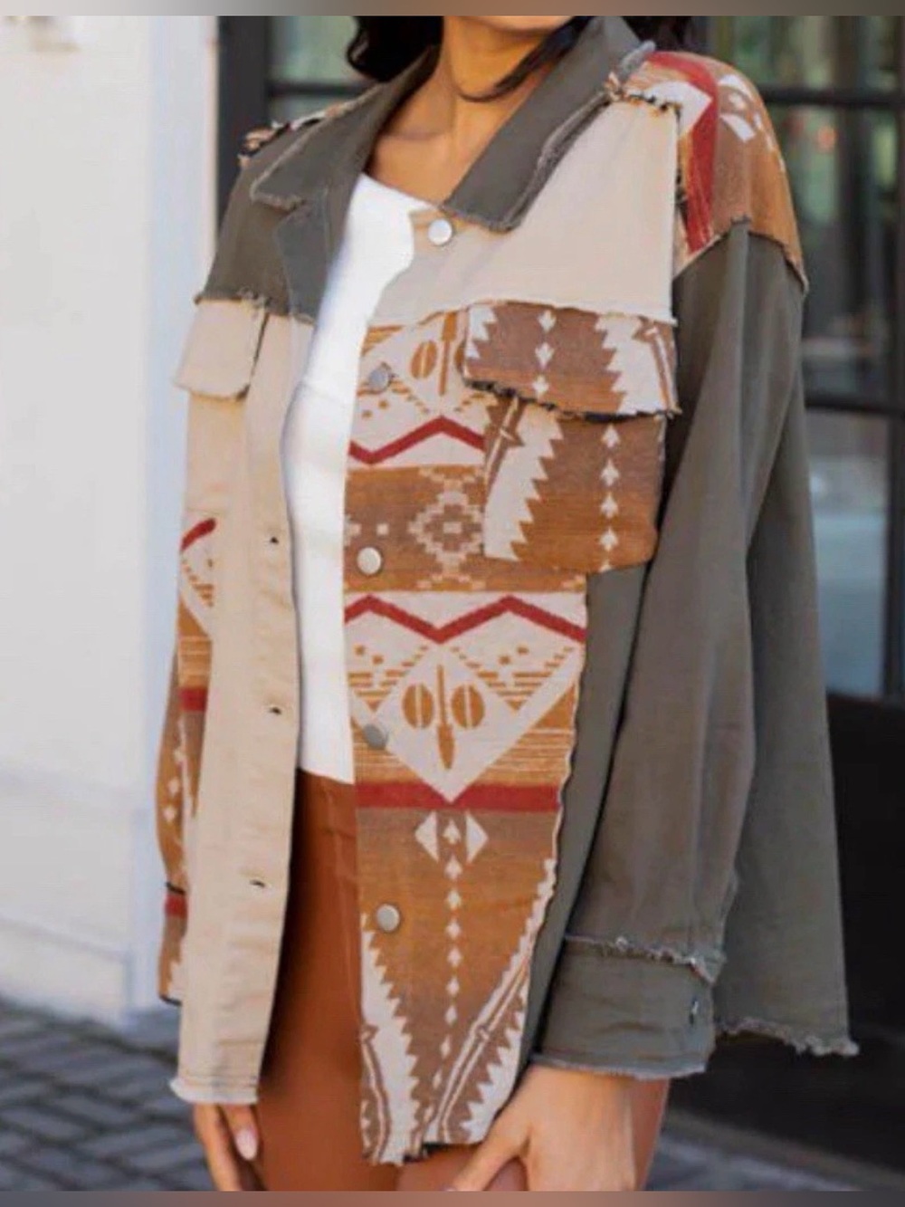 Davi & Dani Medium Earthy Patchwork Aztec Southwestern Shacket Shirt Jacket